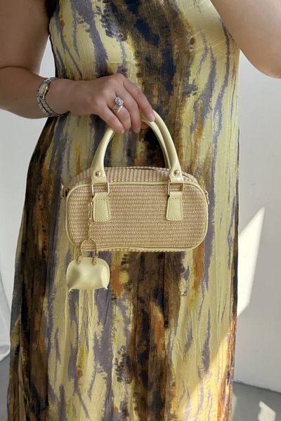 LEONAS Women's Hand and Shoulder Bag Julyne Yellow with Straw Charm Gift