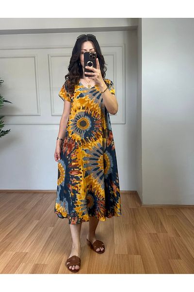Butik Ayseba Women's Tie-Dye Patterned Short Sleeve Summer Dress