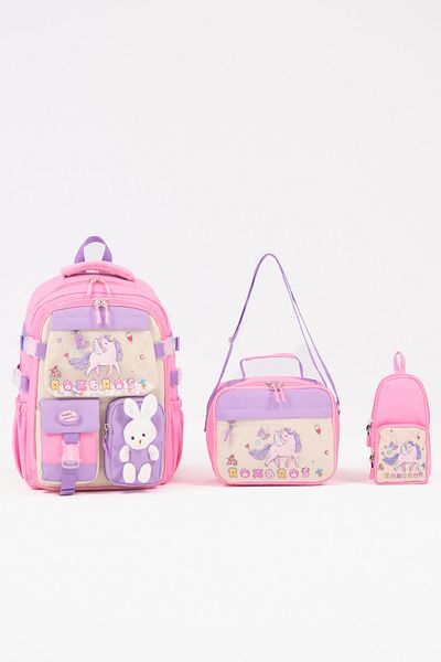 Roxbros 3-Piece Girls' School Bag Set with Unicorn Figure - Primary School Bag with Pen Holder and Thermal Nutrition