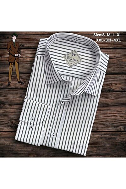 EREN STYLE Λινό Λινό Κλασικό 100% Βαμβακερό Μακρυμάνικο Λευκό Πουκάμισο με Μο...