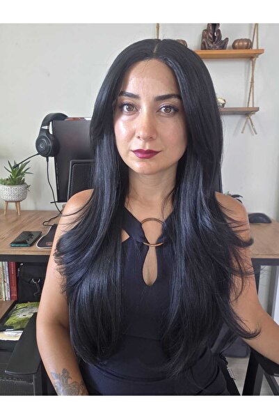 Kuzimor GERÇEK SAÇ DOKUSUNDA KATLI KESİM SİYAH SAÇ TÜL PERUK S411