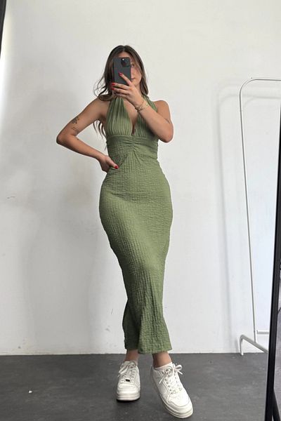 MOZENA Halter Neck Seersucker Fabric Back Slit Dress