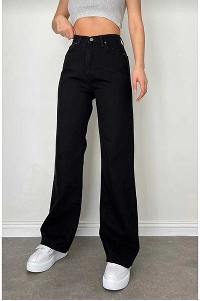LORDA GİYİM Elliy Jet Black Lycra Super High Waist Loose Jeans Palazzo Pants (Super High.) Wide Leg