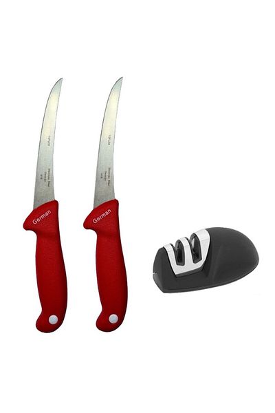 Globalport Retail Butchery package: 2 professional boning knives GER3 Red + 2-level sharpener