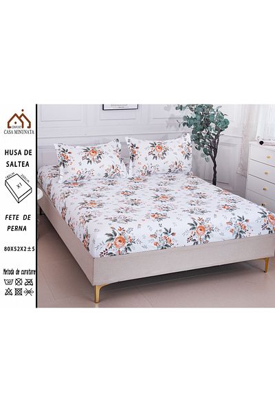 FIONNA.RO Satin Cotton Elasticated Pillowcase 180x200cm - Orange Roses