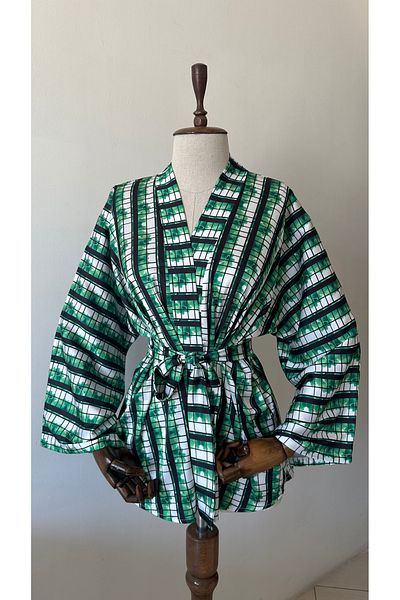 Glowear Atelier Green Mixed Patterned Design Belted Kimono