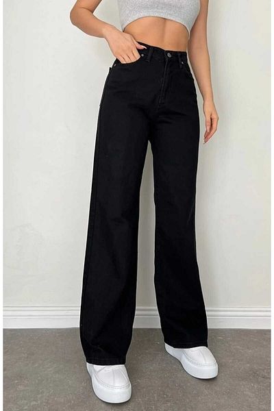LORDA GİYİM Elliy Jet Black Lycra Super High Waist Loose Jeans Palazzo Pants (Super High.) Wide Leg