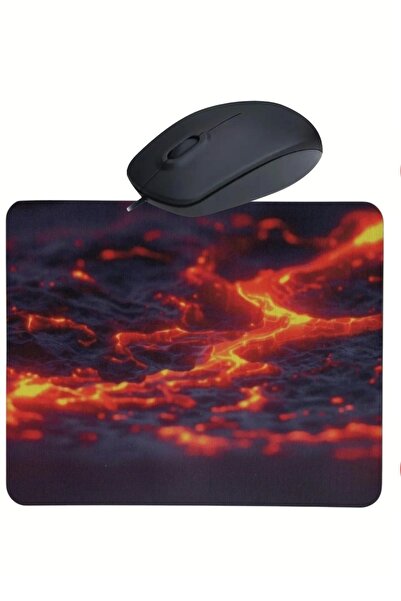 usin Magma Desenli Mouse Pad+ Kablolu Mouse Bilgisayar Faresi Notebook PC Windows XP 7 10 11 Uyumlu Mause