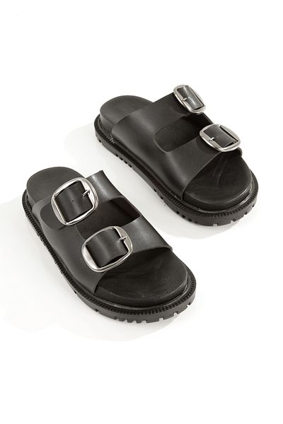 Ayakkabı Podyumum '' Sea'' Black Skin Silver Color Double Buckle Black Sole Slippers New Season