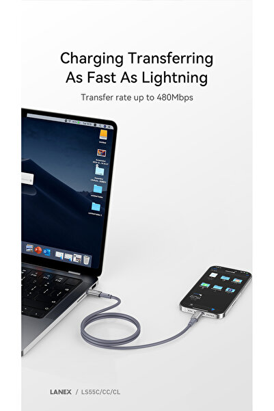 Lanex Lanix LS55CL Silicone Cable 1.5m, 30W PD Fast Charging, USB-C to Lightning, Compatible with iPhone and iPad