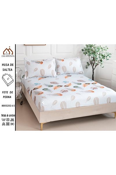 FIONNA.RO Satin Cotton Elasticated Pillowcase 180x200cm - Colorful Feathers