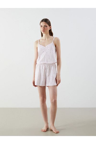 LC Waikiki Lcw V-Neck Patterned Strap Women's Shorts Jumpsuit Pajamas Fast Fashion