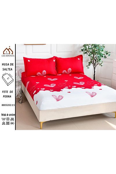 FIONNA.RO Satin Cotton Elastic Pillowcase and Pillowcases 180x200cm - Drawn Hearts