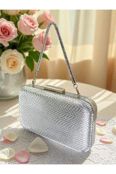 Biçanta Silver Gray Lame Color Laser Snake Pattern Evening Dress Bag Night Wedding Wedding Engagement Graduation Portfolio