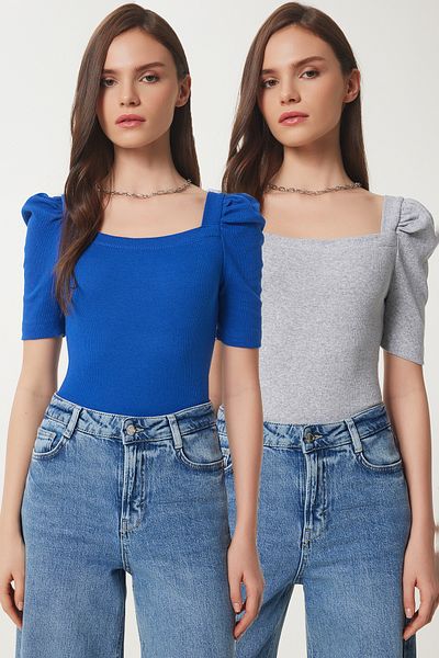 Lovelyİstanbul 2 Pack Square Neck Ribbed Crop Blouse Lgt0028 Gray Melange Dark Blue