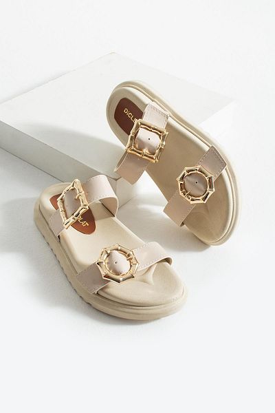 diclepolat Γυναικείες παντόφλες Larin Beige με δύο αγκράφες με επίπεδη σόλα