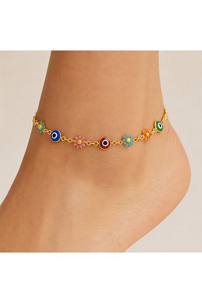 MODA MANANI Women's Anklet with Colorful Evil Eye Beads and Flower Detail – Summer Foot Jewelry