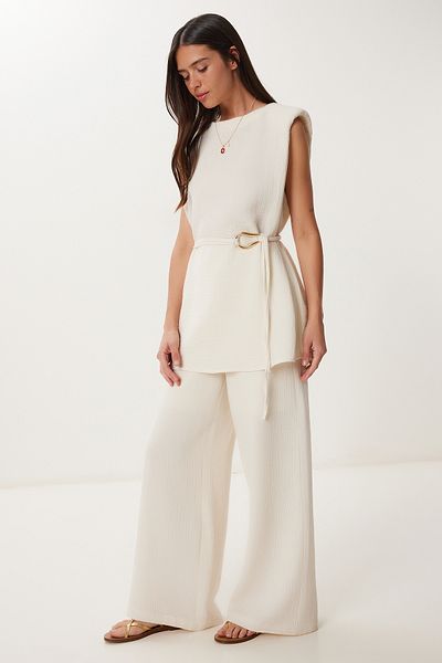 Lovelyİstanbul Belted Padded Stylish Blouse Trousers Muslin Suit Hno0001 Cream