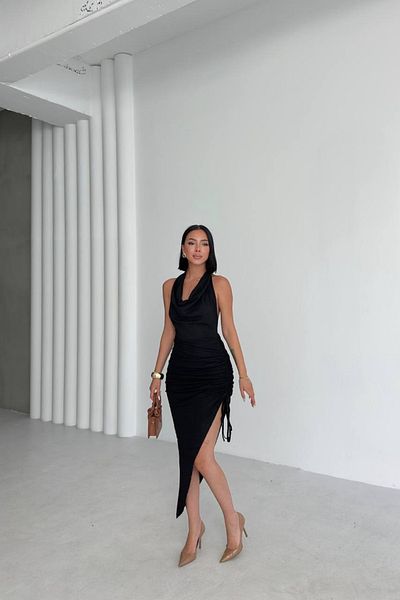 MOZENA Sandy Degaje Collar Tie Back Deep Slit Gathered Dress