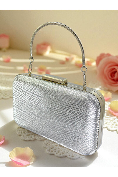 Biçanta Gümüş Gri Lame Renk Lazer Yılan Desenli Abiye Çanta Gece Nikah Düğün Nişan Mezuniyet Portföy