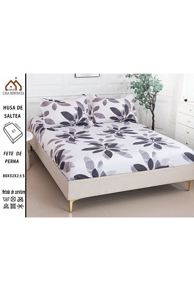 FIONNA.RO Husa cu Elastic si Fete de Perna Bumbac Satinat 180x200cm - Alb Frunze