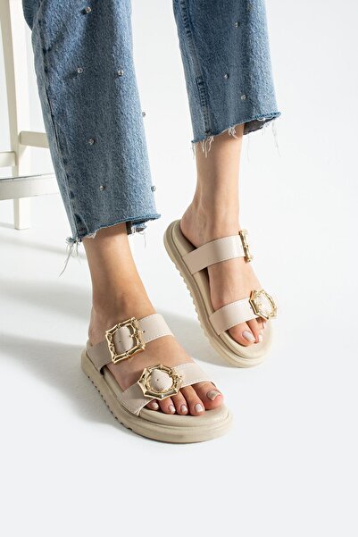 diclepolat Larin Beige Two Buckle Flat Sole Women's Slippers