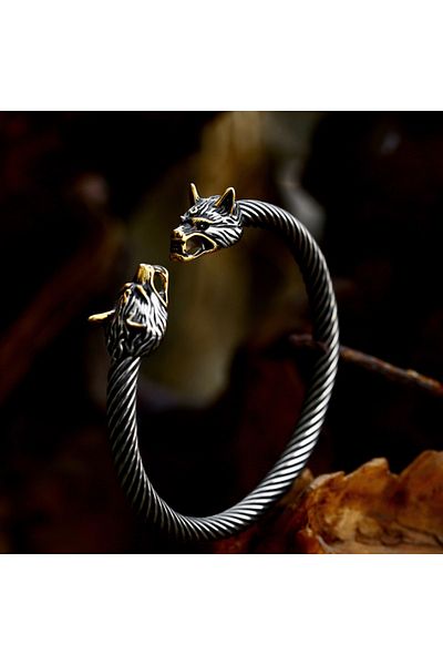 Viking Nordic Mythology Double Wolf Head Design Tarnish&Rustproof Adjustable Steel Bracelet