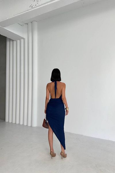 MOZENA Sandy Degaje Collar Tie Back Deep Slit Gathered Dress