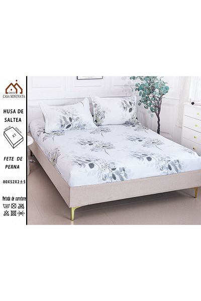 FIONNA.RO Satin Cotton Elasticated Pillowcase 180x200cm - White Flowers and Leaves