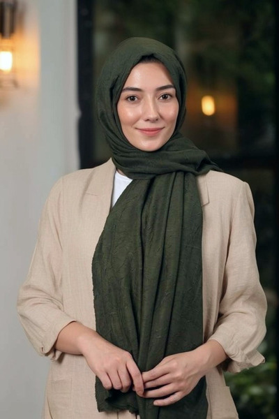 Bambu Doğal Kras Şal 180x70 – Koyu Zeytin Yeşili – Kaymaz, Nefes Alan Ve Konf...