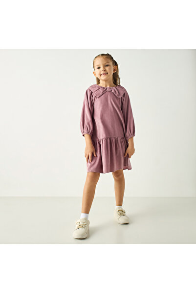 Juniors Ribbed A-line Dress with Bow Detail and 3/4 Sleeves