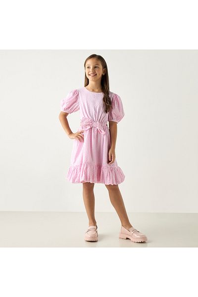 Juniors Checked A-Line Dress with Balloon Sleeves and Bow Detail