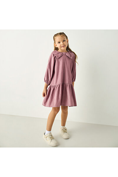 Juniors Ribbed A-line Dress with Bow Detail and 3/4 Sleeves