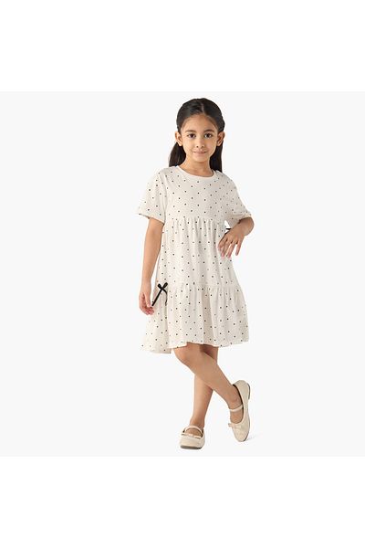 Juniors All-Over Polka Dot Print A-line Dress with Short Sleeves