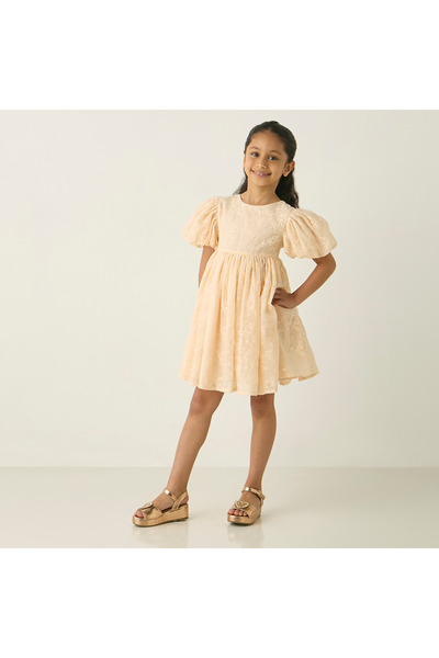 ELIGO All-Over Embroidered A-line Dress with Short Sleeves