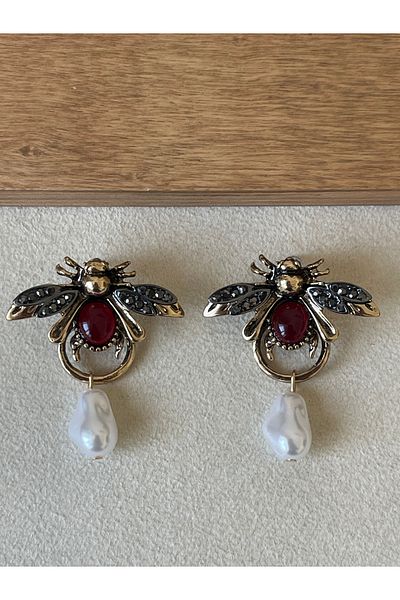 Rupen Kraft Red Natural Stone Bee Model Zircon Special Design Earrings
