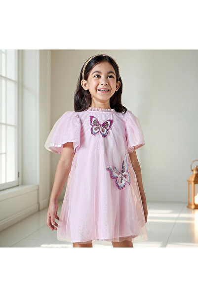 Juniors فستان مزين بالفراشات بأكمام مرفرفة