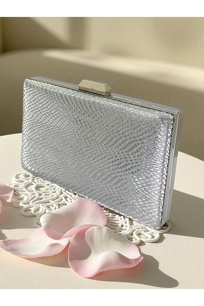 Biçanta Silver Gray Lame Color Laser Snake Pattern Women's Evening Dress Bag Evening Bag Wedding Engagement Portfolio