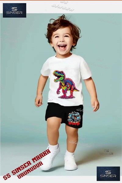 SS SİNSER Kids Unisex “ Dinosaur Colorful Single “ Custom Printed Crew Neck T...