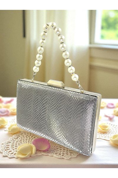 Biçanta Anthracite Gray Platinum Color Laser Snake Pattern Women's Evening Dress Bag Evening Bag Wedding Engagement Portfolio