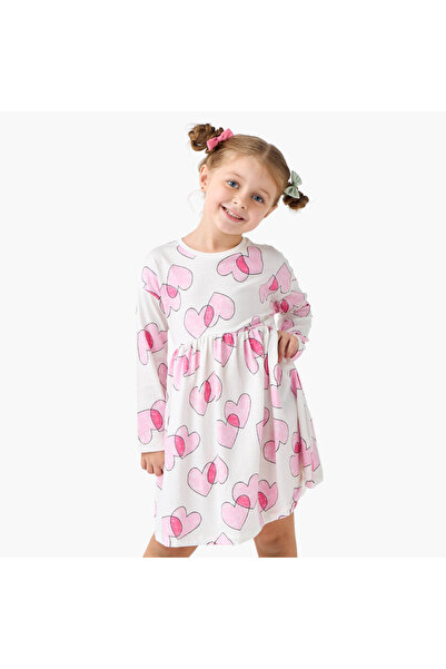 Juniors Heart Print A-Line Dress with Long Sleeves