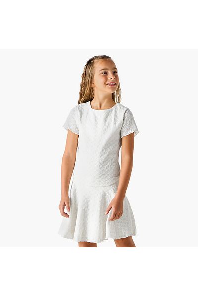 Juniors Textured Round Neck A-line Dress with Short Sleeves and Lettuce Hemline