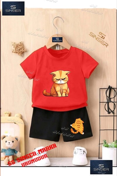 SS SİNSER تي شيرت مطبوع برقبة دائرية للأطفال للجنسين "CAT SAD ORANGE" - طقم شورت
