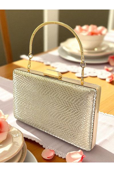 Biçanta Gold Color Laser Snake Pattern Women's Evening Dress Bag Evening Bag Wedding Engagement Portfolio
