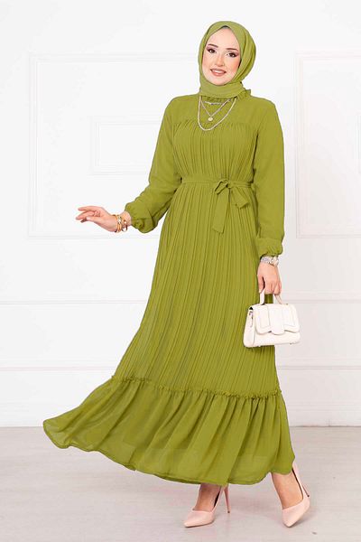 EBRUTESETTÜR Belted Pleated Chiffon Hijab Dress
