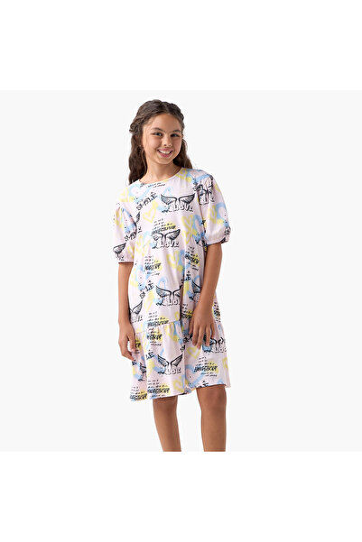 Juniors All-Over Print Drop Waist Dress with Round Neck
