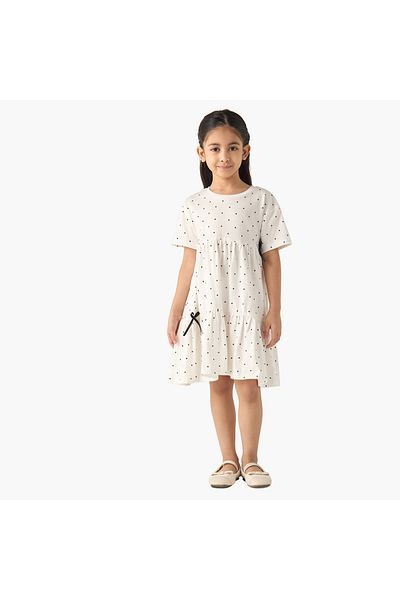 Juniors All-Over Polka Dot Print A-line Dress with Short Sleeves