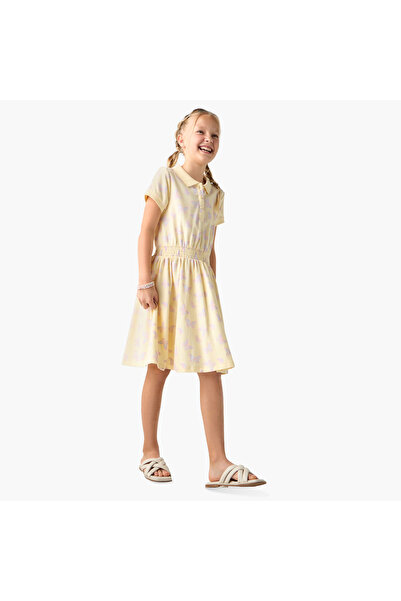 Juniors Butterfly Print Polo Collar Dress with Short Sleeves and Smocked Detail