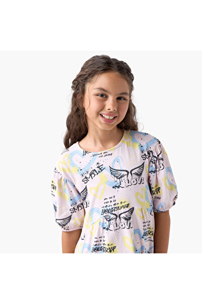 Juniors All-Over Print Drop Waist Dress with Round Neck