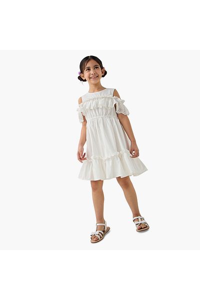 Juniors Ruffle Detail Cold Shoulder Dress with Round Neck